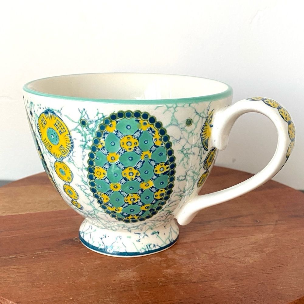 Anthropologie Floral Ceramic Mug with Blue and Yellow Design Cottage Boho Chic